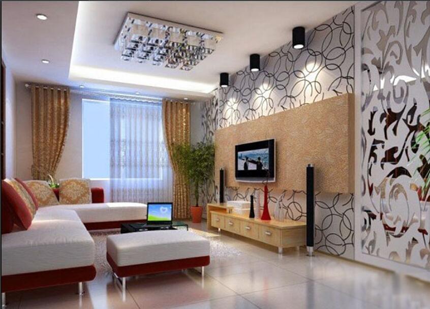 赤峰公安一小区客厅镂空镜面电视墙红白沙发水晶方灯效果图